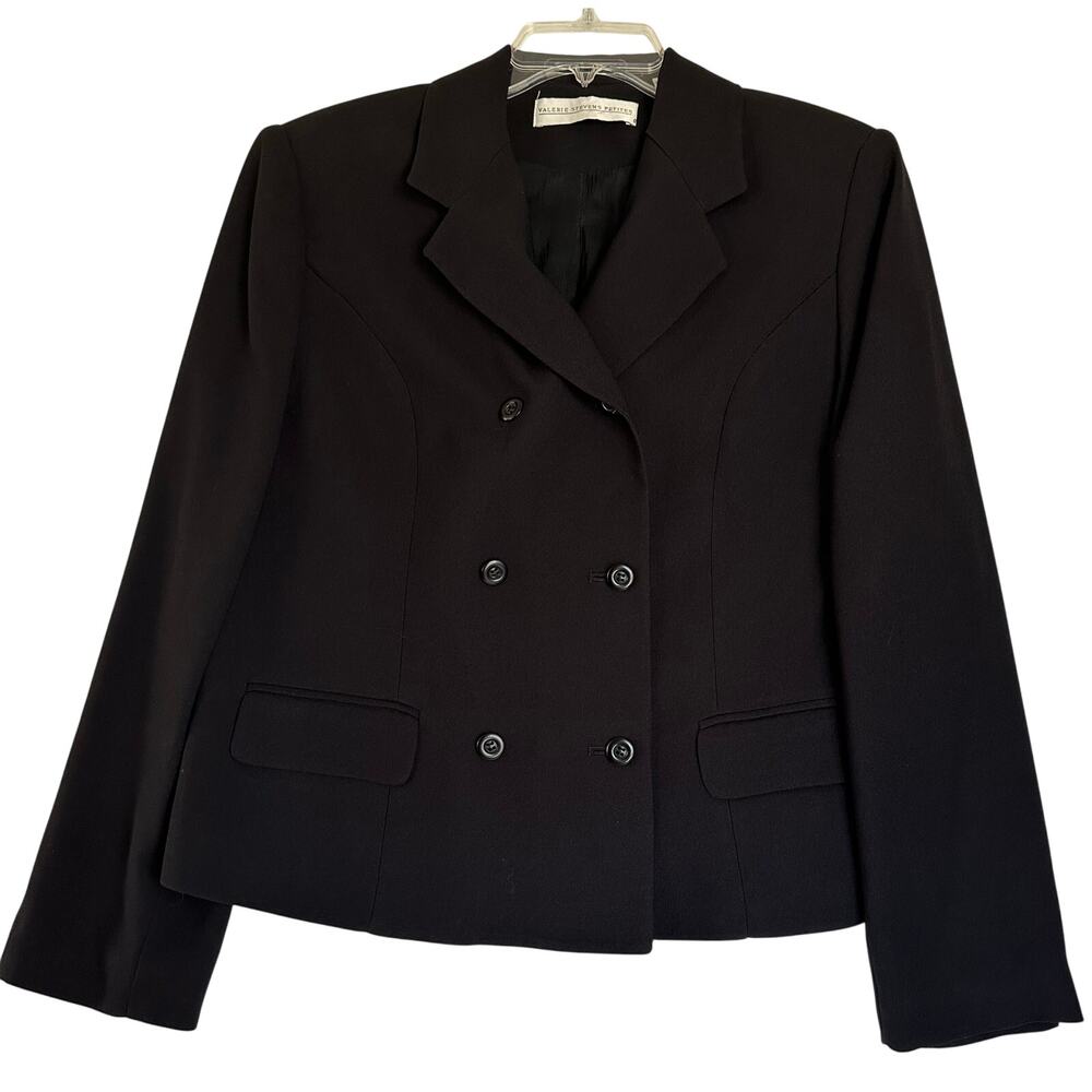 Vintage Valerie Stevens Women Blazer Jacket Size 14P Black Linen Double Breasted